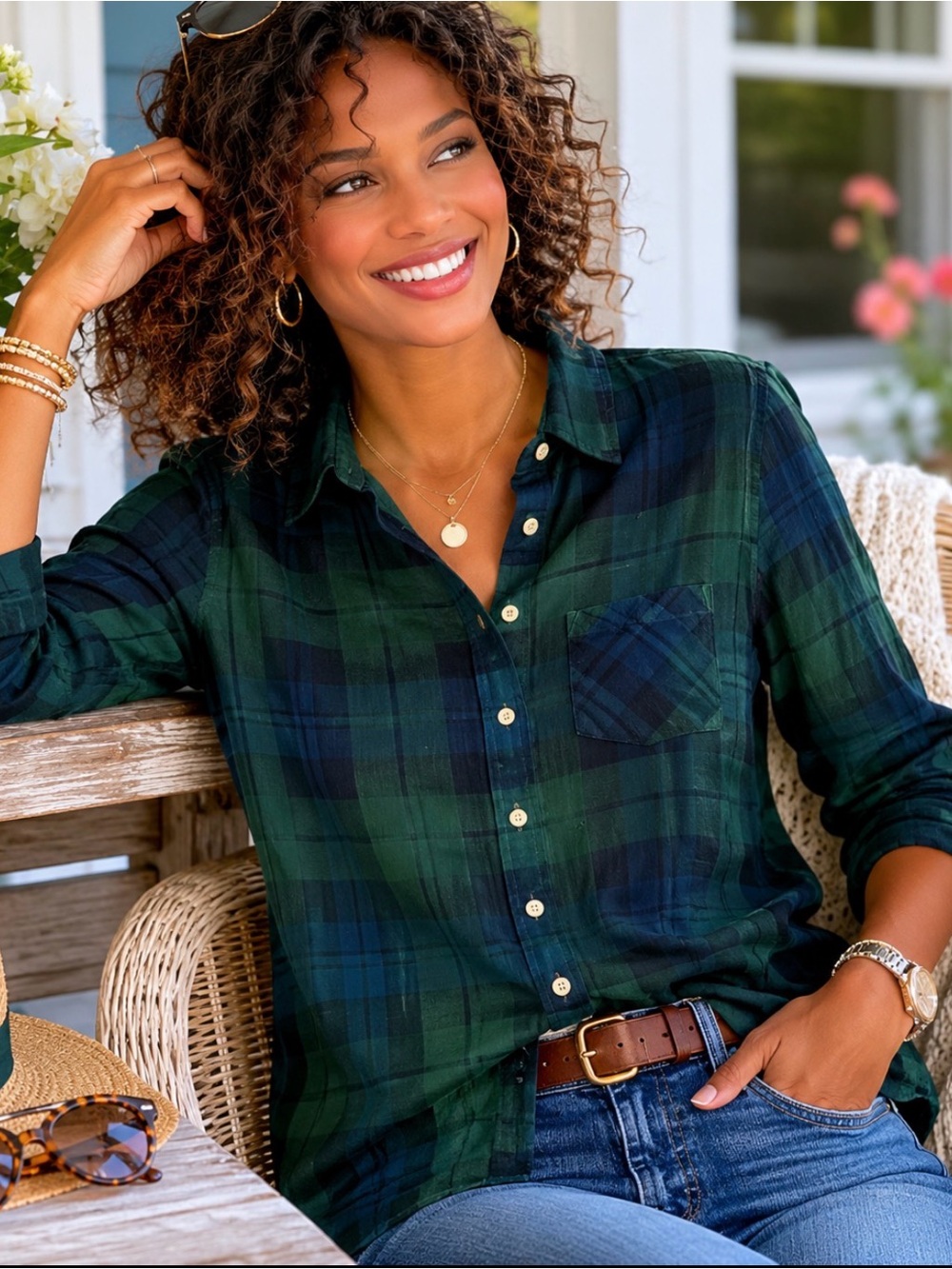 GAP Green and Navy Plaid Button-Down Shirt - Womens size S